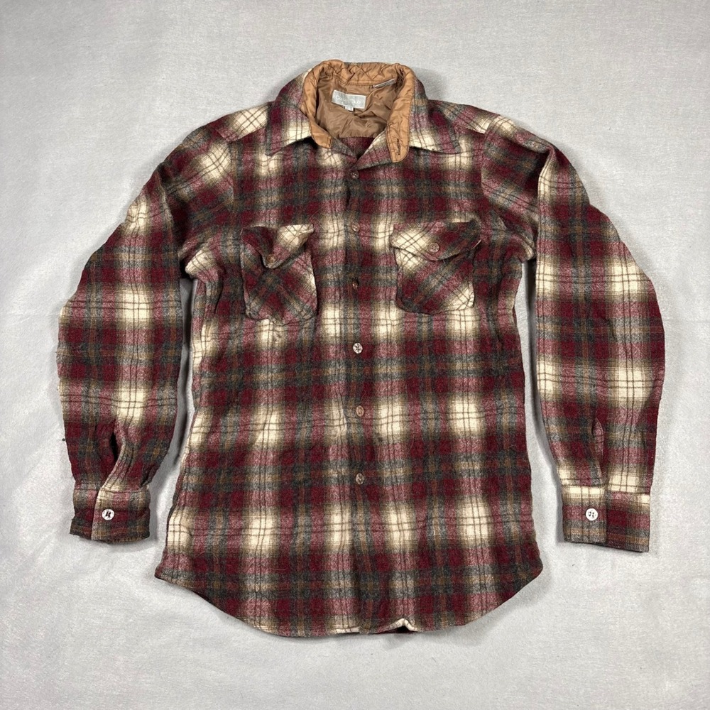 Vintage Career Club Wool Plaid Flannel Shirt Burgundy Tan M Mens Womens
